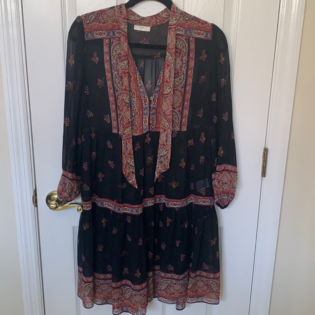 Joie Beautiful Sheer 100% Silk Floral Paisley Flowing Dress Long Sleeves